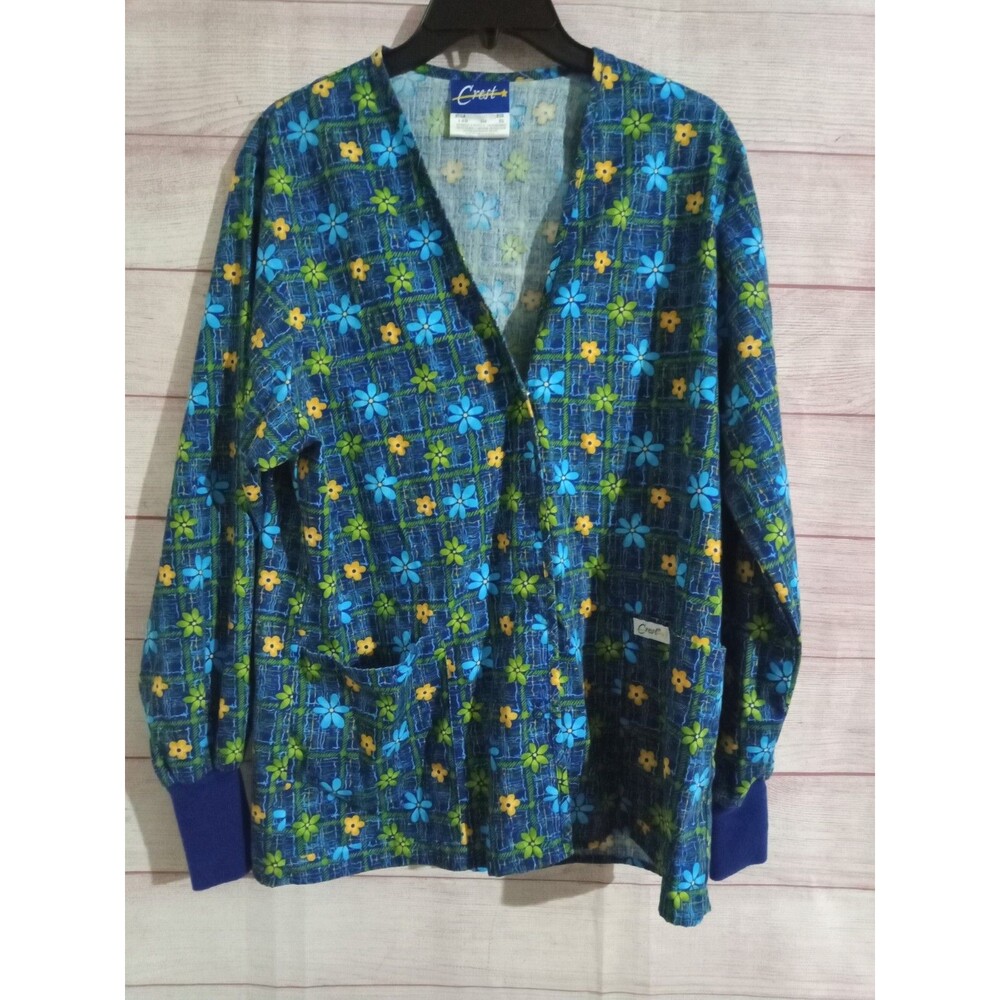 Crest Scrub Top Women’s Size Small Multi Colors Long Sleeves Snap Up Front - Picture 1 of 3